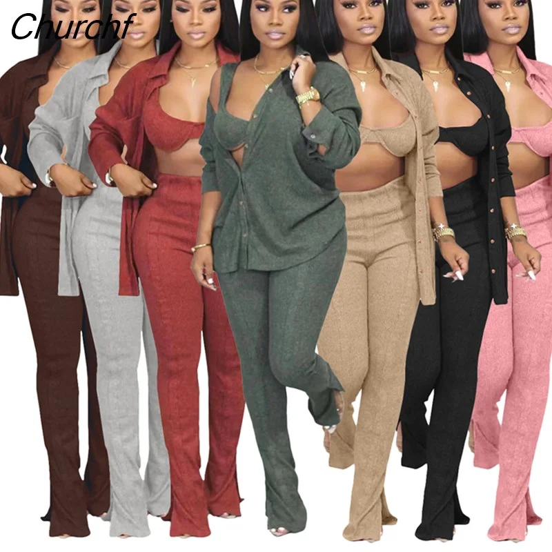 Churchf Women Tracksuirt 3 Piece Set Sweater Shirt +Long Pants Knit Ribbed Streetwear Matching Set Clothes For Women Outfit-Outfit Ideas