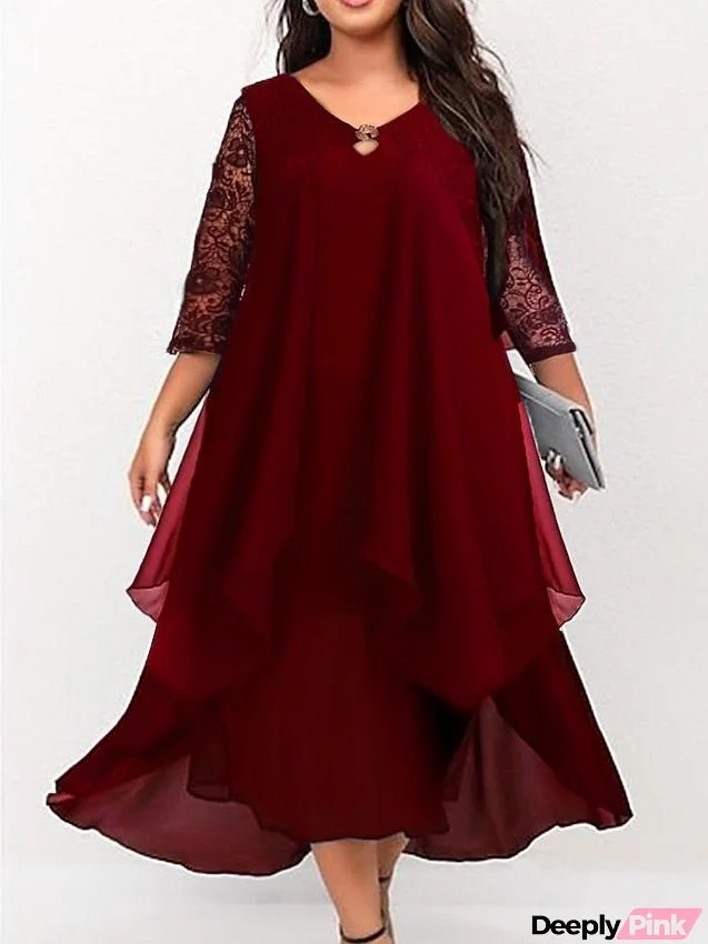 Women's Plus Size Work Dress Chiffon Dress Swing Dress Solid Color Long Dress Maxi Dress 3/4 Length Sleeve Lace Layered V Neck Fashion Outdoor Wine Dark Blue Summer Spring L XL XXL 3XL 4XL