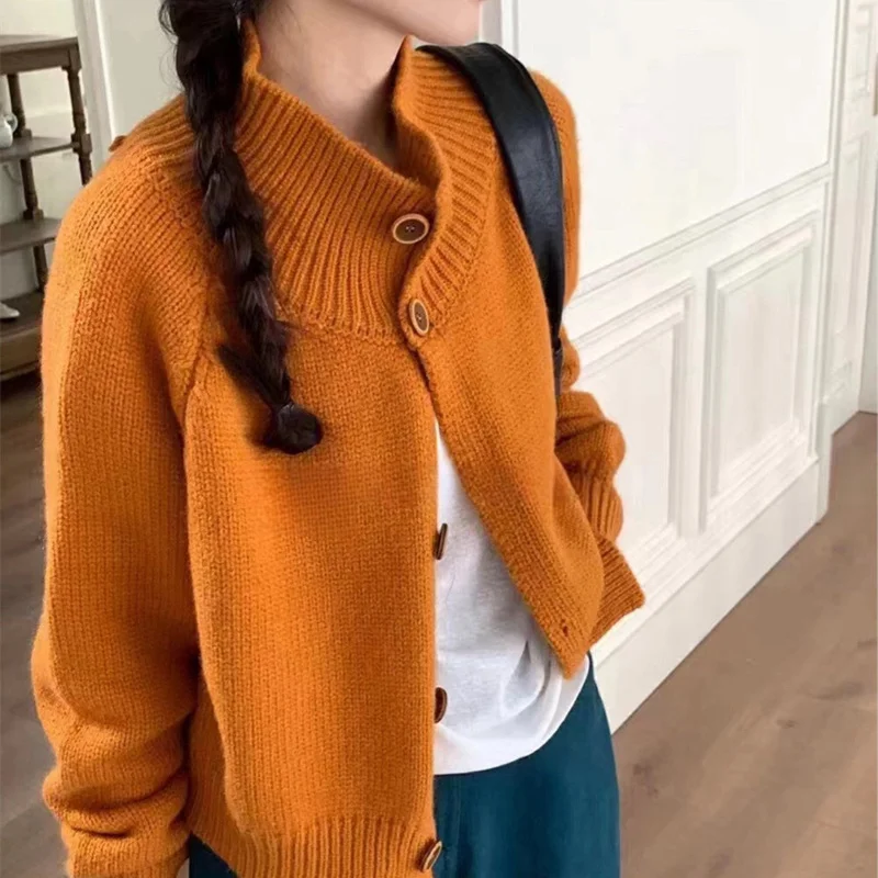 Churchf Churchf Autumn And Winter New Korean Retro Standing Collar Single Row Button Sweater Women's Small Short Knit Cardigan