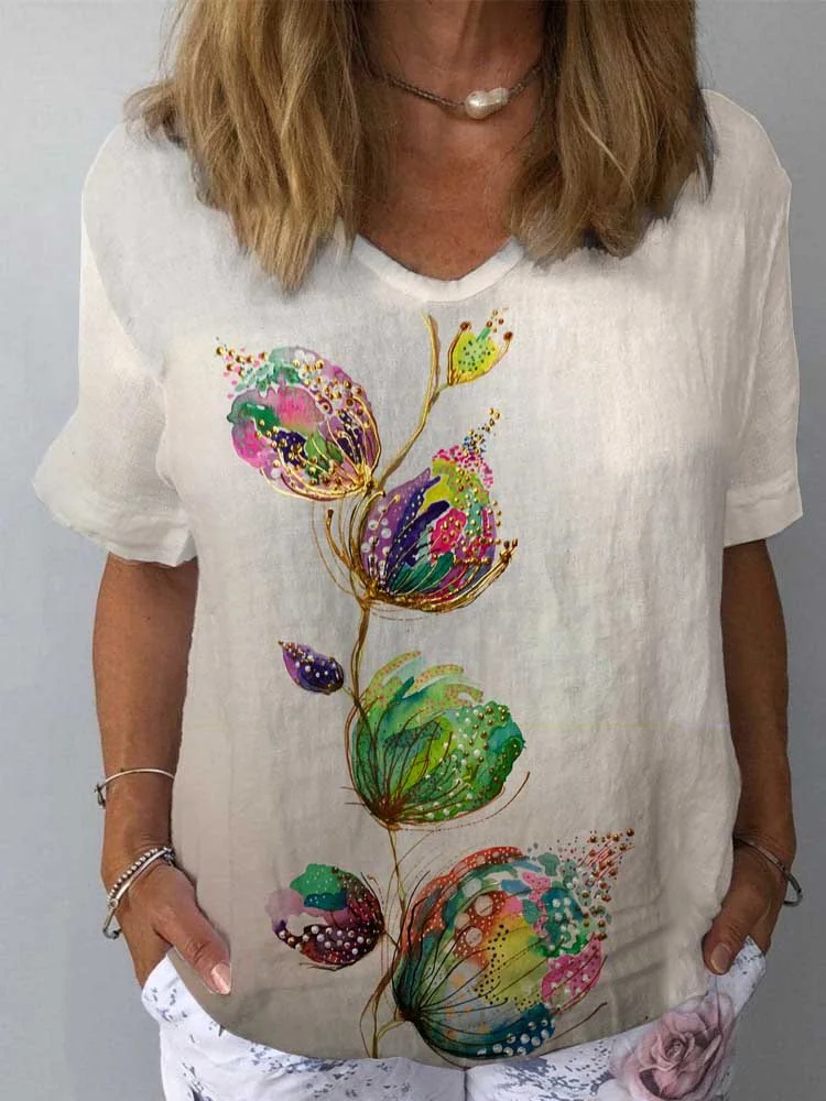 Womens Vintage Poppy Floral Print Cotton And Linen Top