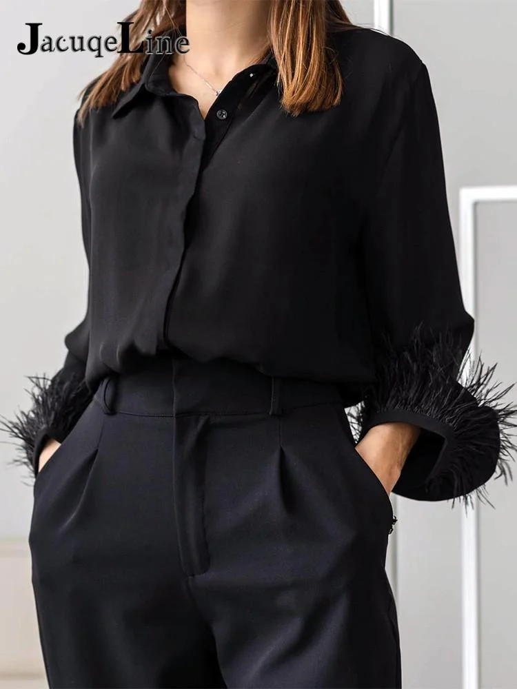 Jacuqeline 2022 Sexy V Neck Feather Satin Blouse Shirts Women Long Sleeve Button Elegant Lady Shirt Top Vintage Clothes Autumn