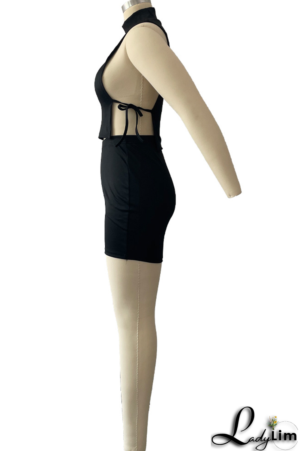 Black Fashion Print Split Joint Turtleneck Sleeveless Two Pieces