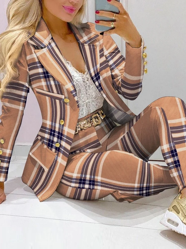 Wongn Winter New Printed Suit Long Sleeve For Women's Suit Fashion Color Matching Slim Elegant Female Office 2 Piece Set 2023