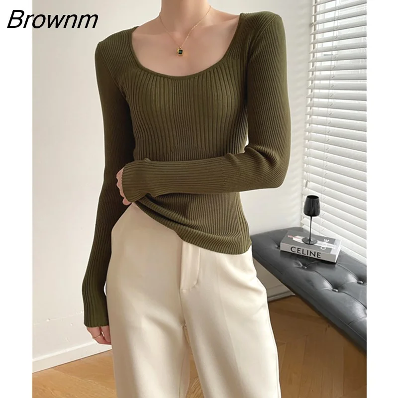 Brownm Autumn/Winter New Wave Collar Slim Thin Bottoming Shirt Basics Pullovers for Women Casual Fashion Vintage Knitting Tops