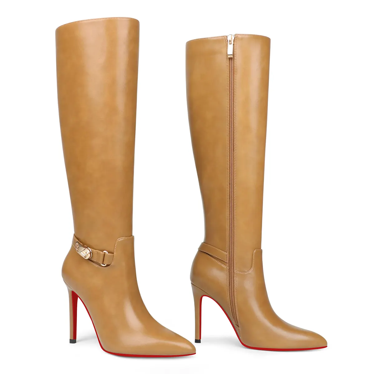 100mm Fashion Zipper Red Bottoms High Heels Metal Buckle Knee Boots-vocosishoes