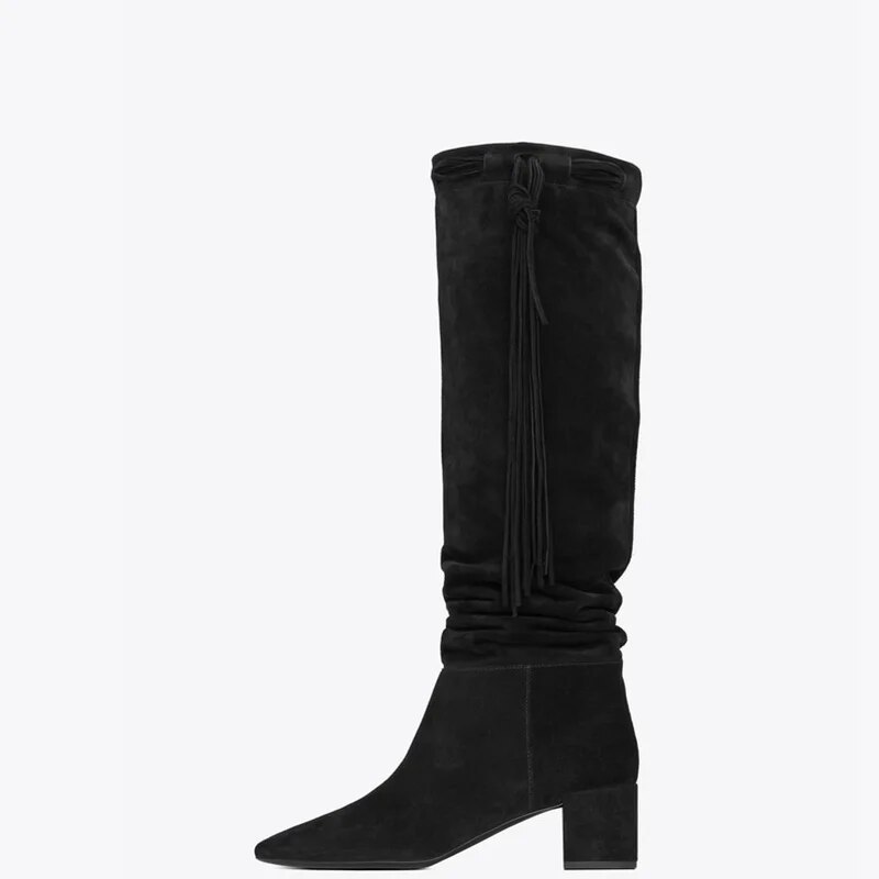 TAAFO Black Long Fringe Knee-High Flock Boots Chunky Heel Women Almond Toe Ladies Shoes 
