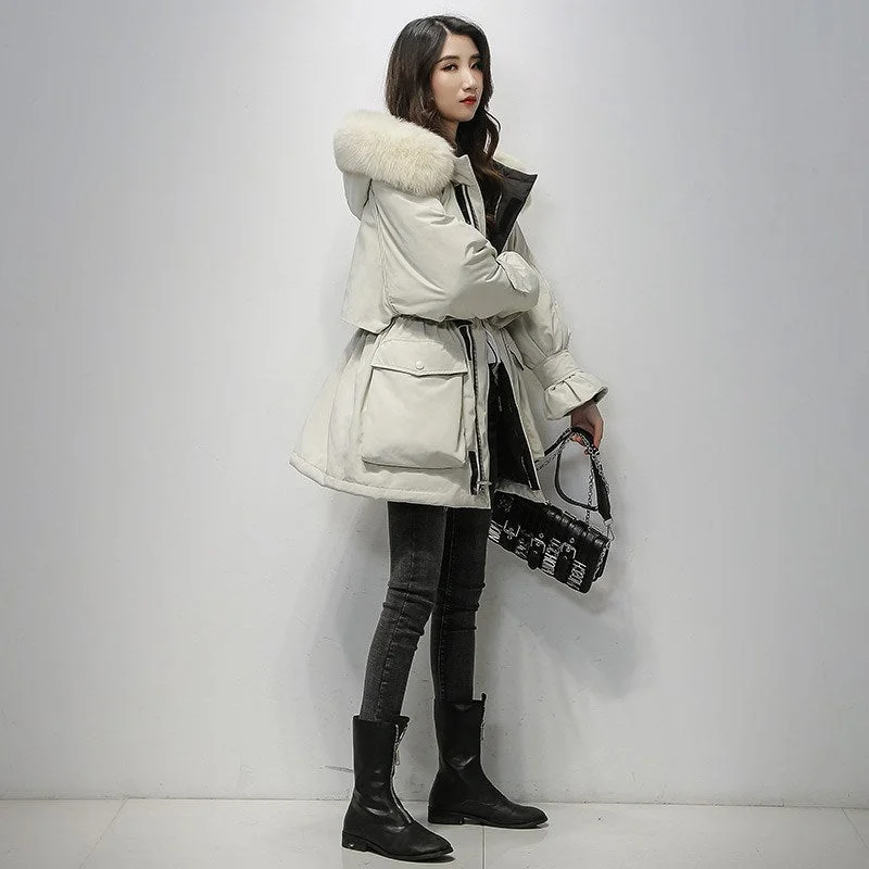 Fitaylor Large Natural Fox Fur Hooded Winter Jacket Women 90% White Duck Down Thick Parkas Warm Sash Tie Up Snow Coat