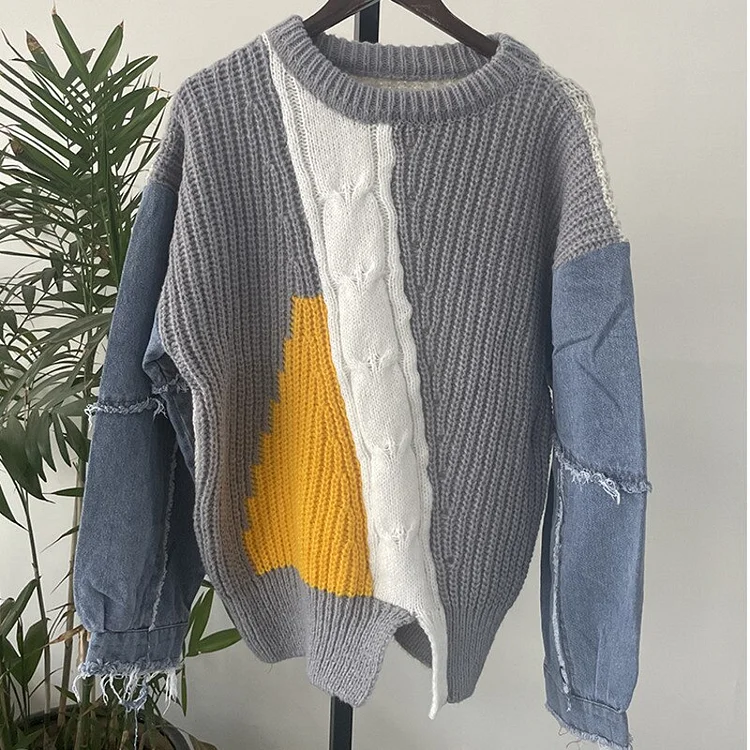 Round Neck Contrast Color Knitted Standitched Patchwork Denim Long Sleeve Slit Hem Sweater