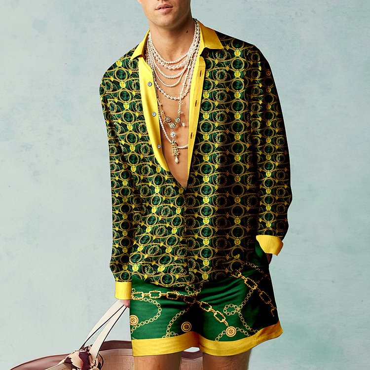 Thoval Fashion 3D Print Two Piece Set Men Long Sleeve Lapel Shirts And Shorts Casual Loose Suits Summer Hawaiian Beach Outfits Male