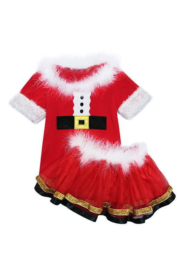 Short Sleeve Fur Trim Christmas Dress Kids Girls Santa Costume Red-elleschic