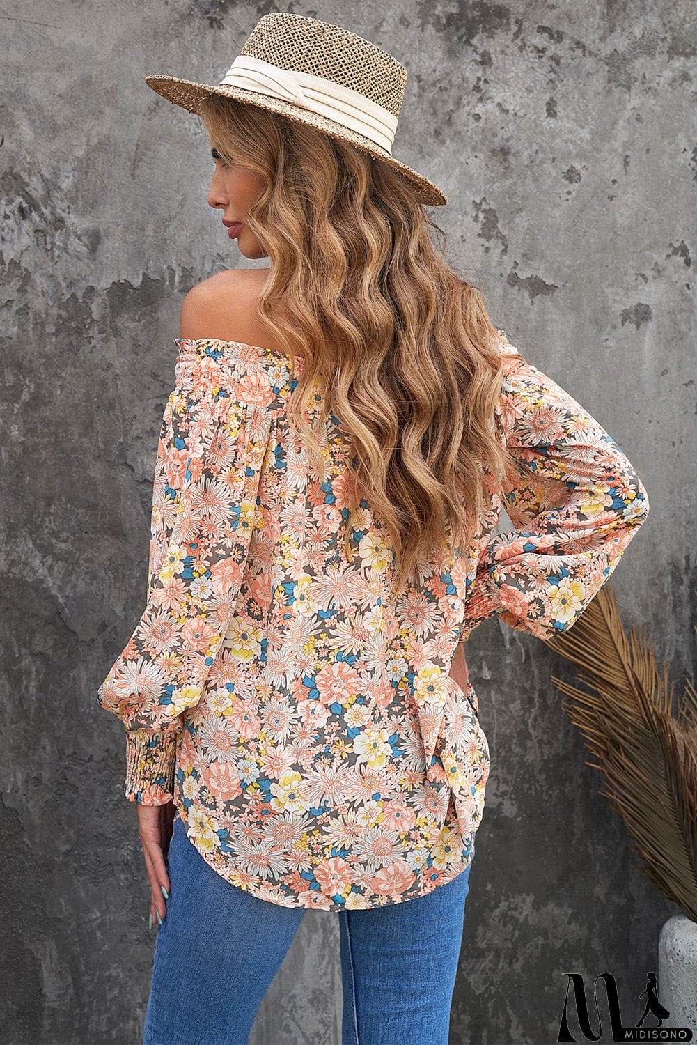 MidiSono - Off The Shoulder Smocked Floral Top