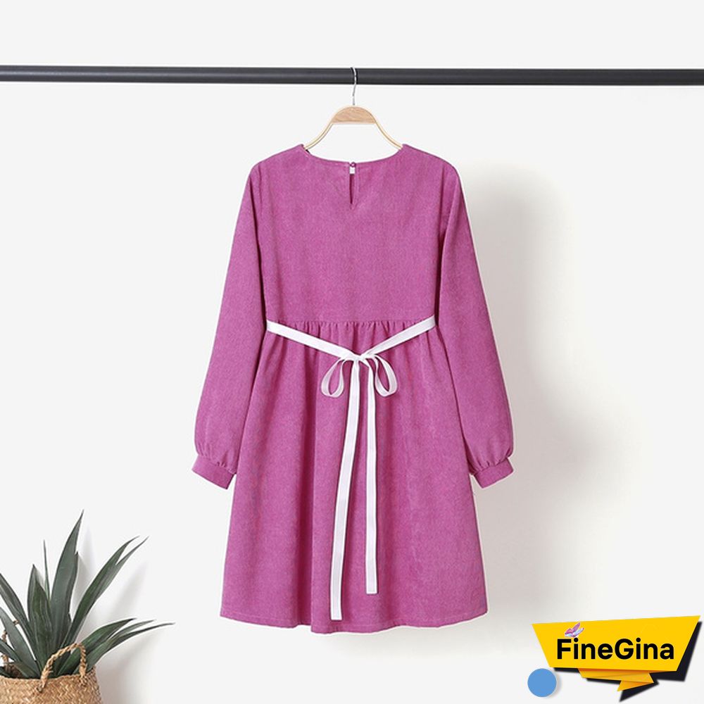 Women Corduroy Long Sleeve A Line Dress Plus Size Mini Tunic Dress