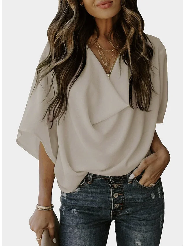 Women's Blouse V-neck Loose Short Sleeve Solid Color Casual Tops