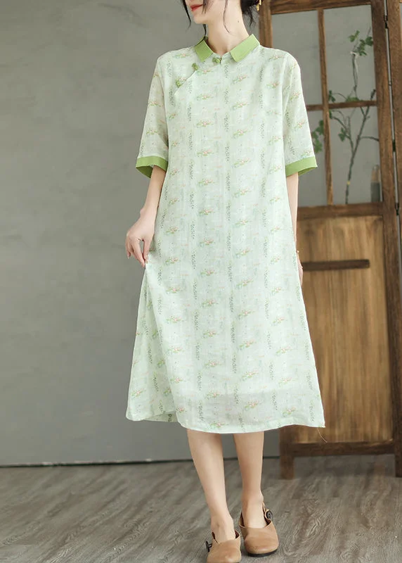 Natural Mint Green Peter Pan Collar Print Linen Dress Half Sleeve