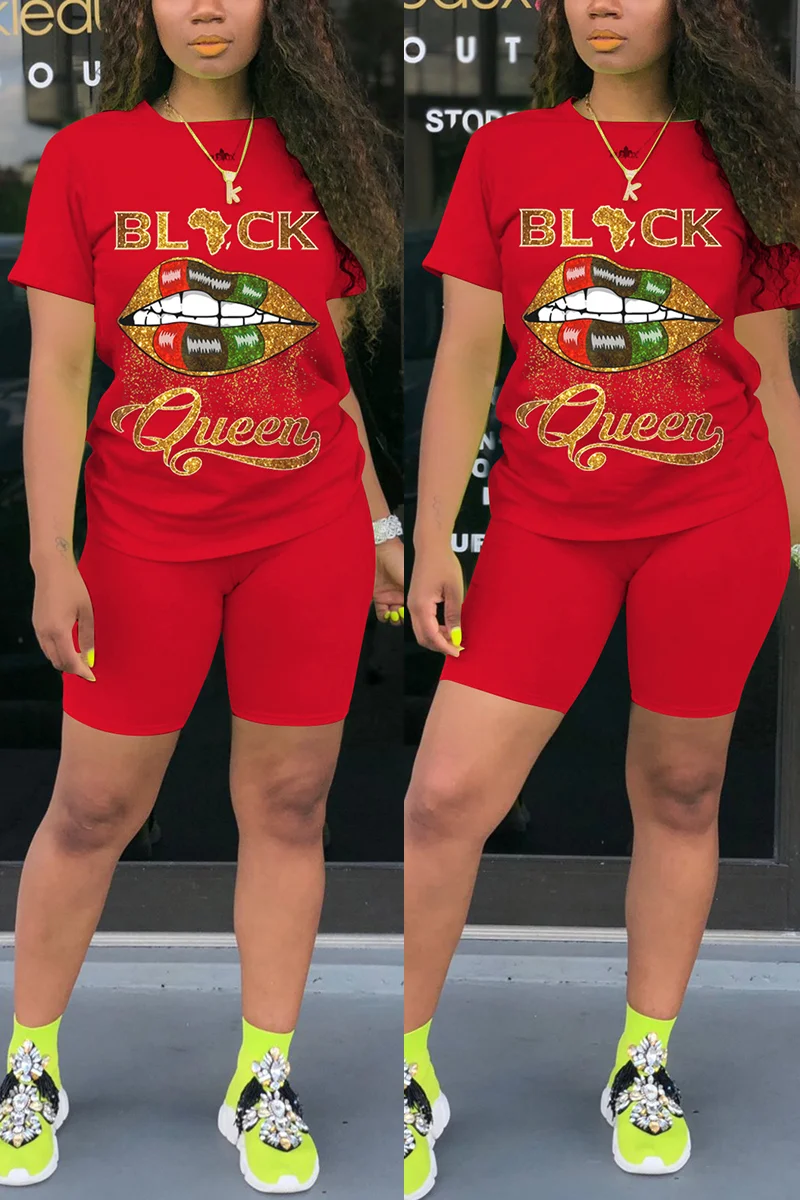Red Fashion Letter Lips Print T-shirt Shorts Set