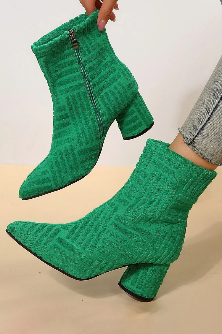 Daily Textured Pointy Toe Side Zipper Chunky Heel Ankle Boots 2024 - Xpluswear