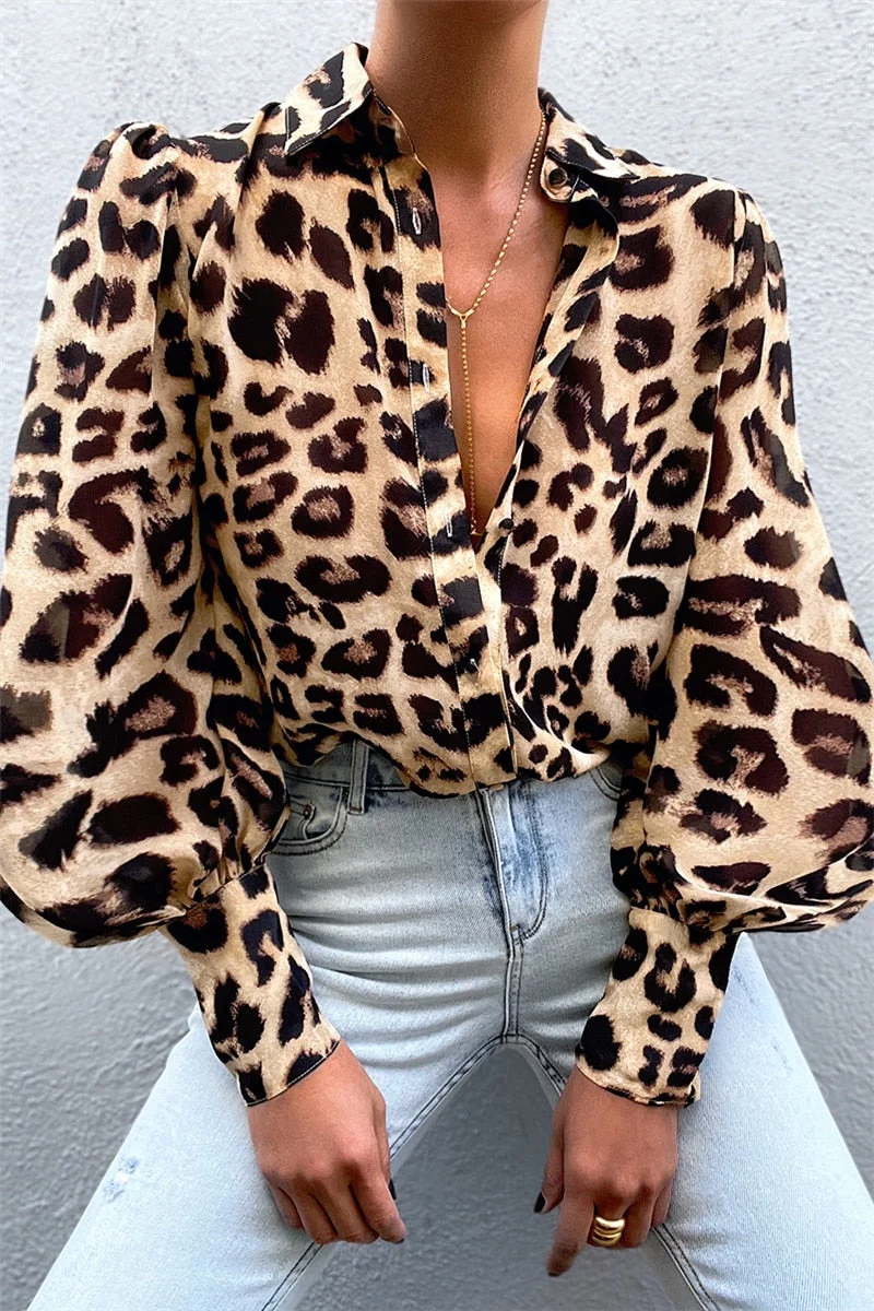 2021 Autumn Puff Sleeve Shirts Blouse Women Floral/Leopard Long Sleeve Lapel Buttons Vintage Shirts Elegant Blouses Tops Female