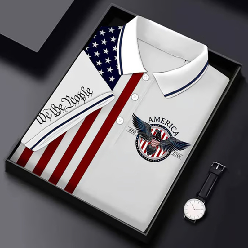  Men's Independence Day Flag We The People 4th July Print Casual Button Short Sleeve Polo Shirt Westsshops