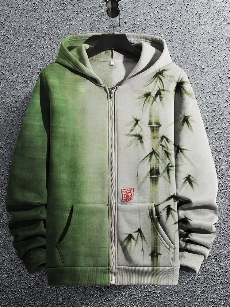Men's Bamboo Contrast Color Japanese Art Full Zip Hoodie