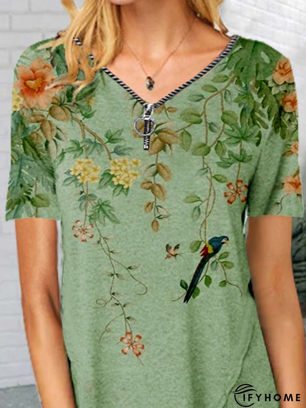 Floral Short Sleeve Zipper Cotton-blend V neck Vintage Summer Green Top | IFYHOME