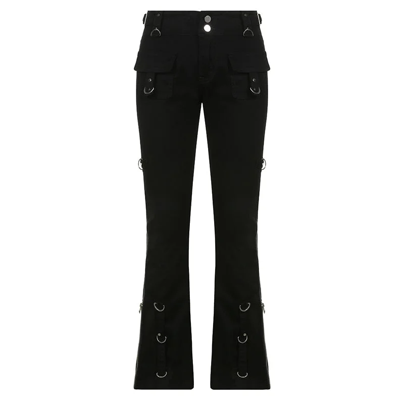 Rapcopter Metal Zipper Flare Jeans Goth Black Low Waisted Cargo Pants Pockets Punk Academic Fashion Sweatpants Women Korean Jean