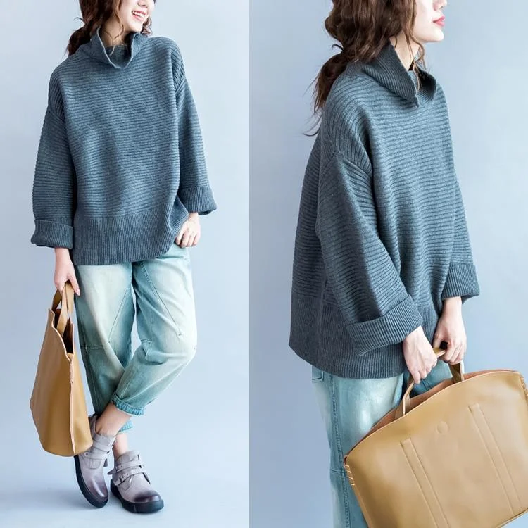 Gray baggy woolen knit sweaters womens short knitted top turtle neck