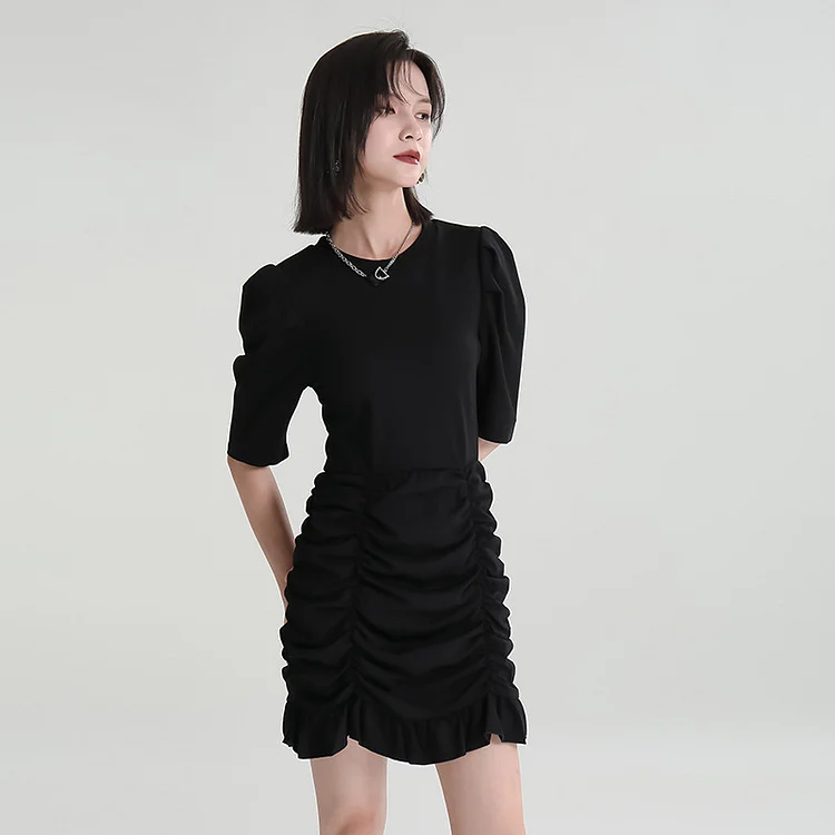 Vintage Pleated Puff Sleeve Mini Dress - yankia