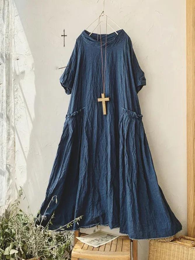 Blue Pockets Casual Linen Maxi Dresses
