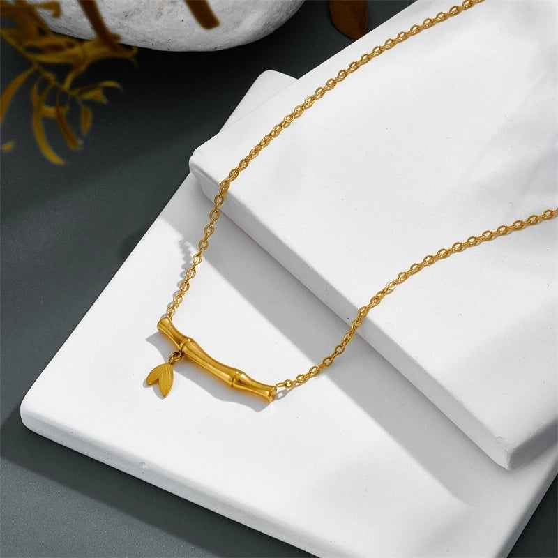 Titanium Steel 18K Gold Plated Minimalist Bamboo Zircon Necklace