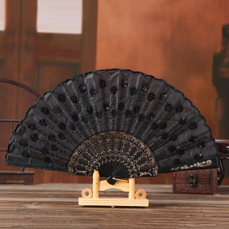 Black Rod Sequin Fan Embroidery Fan Dancing Folding Fan Peacock Fan Gift Folding Fan Fan Wing Chun Fan