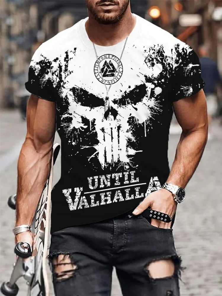 BrosWear Men's Until Valhalla Skull Contrast Color Short Sleeve T Shirt