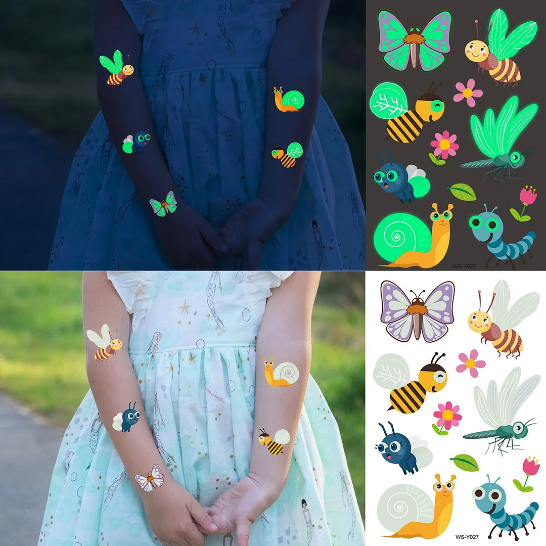 Sdrawing Glow In The Dark Temporary Tattoos For Kids Boys Kids Fake Luminous Tattoo Flash Animal Cartoon Party Favor Set Glowing Zoo