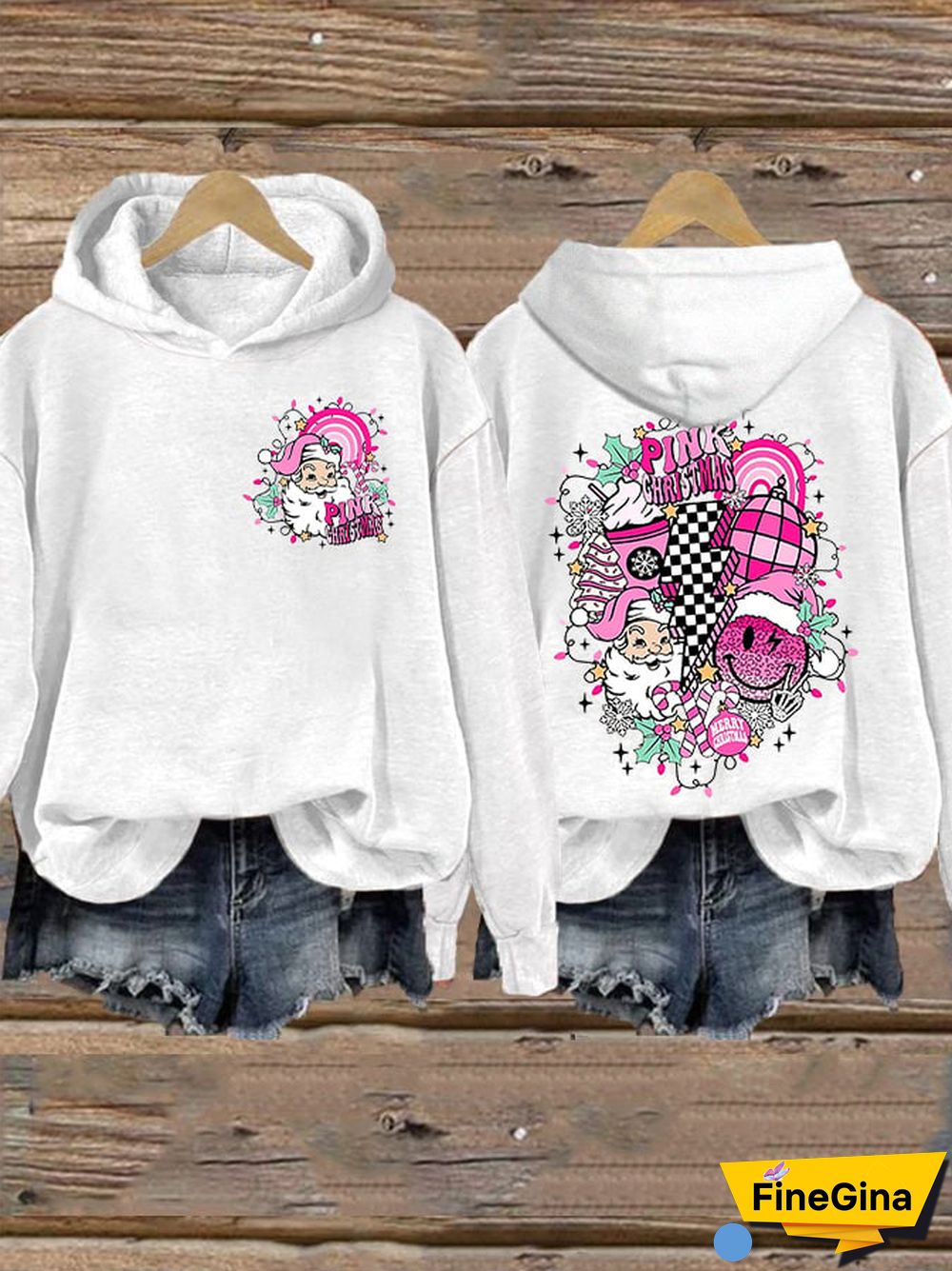 Women&rsquo;s Merry Christmas Retro Pink Christmas Pink Santa Claus Printed Hoodie