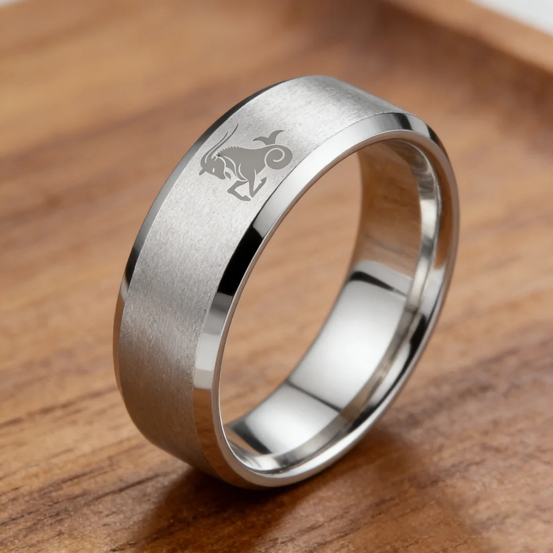 Sliver Edges and Laser Etched Wedding Band Comfort Fit Mens Womens Sliver Capricorn Tungsten Carbide Rings 4MM 6MM 8MM