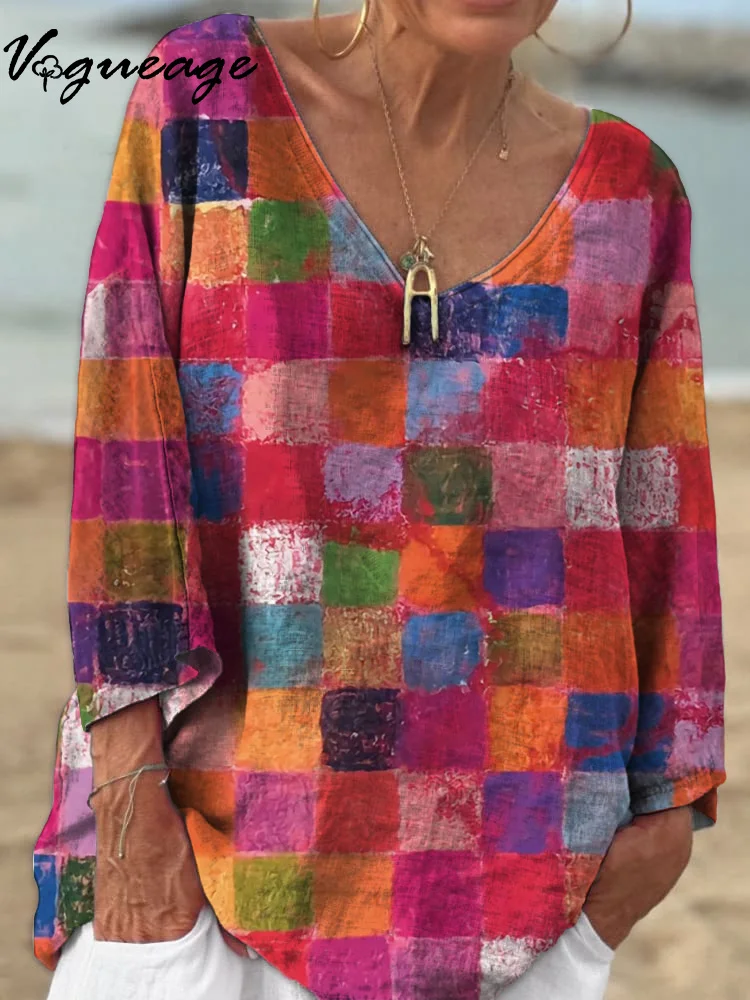 Casual And Comfortable Colorful Plaid 3/4 Sleeves Printed Cotton And Linen Shirt