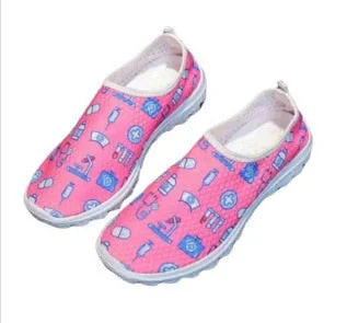 Comemore Cute Cartoon Nurse Women Slip On Sneakers Dentist Mesh Ladies Shoes Light Casual Summer Moccasin Autumn Loafers White