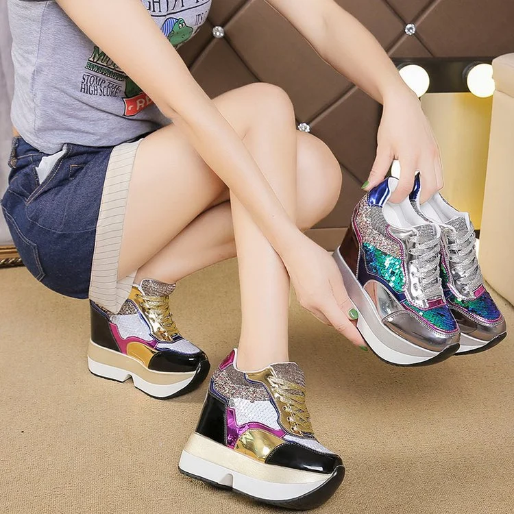 Wongn Wongn Women's Shoes Sequins Spell Color Belt Platform Inside Increased Ultra High Heel Casual Shoes Sports Shoes Women's Shoes