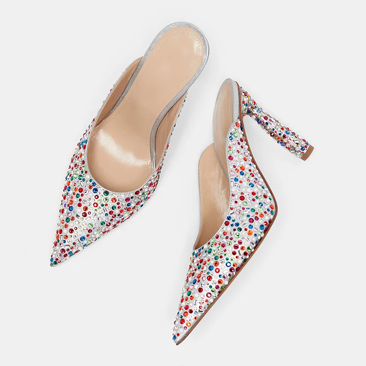 Silver Pointy Toe Party Shoes Multicolor Rhinestone Decor Heeled Mules |FSJ Shoes