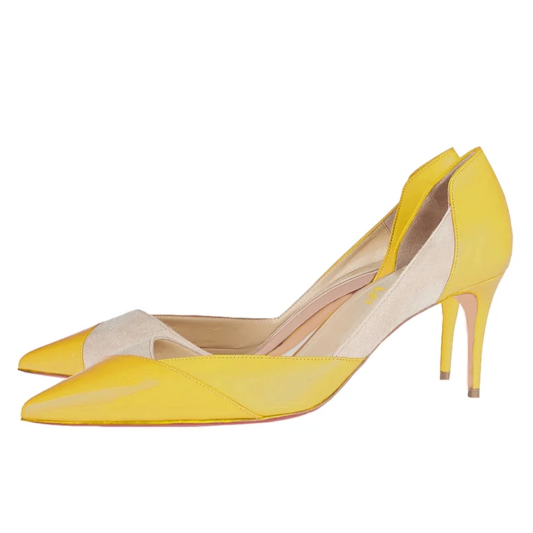 Yellow Kitten Heels Pointy Toe Dorsay Pumps for Ladies |FSJ Shoes