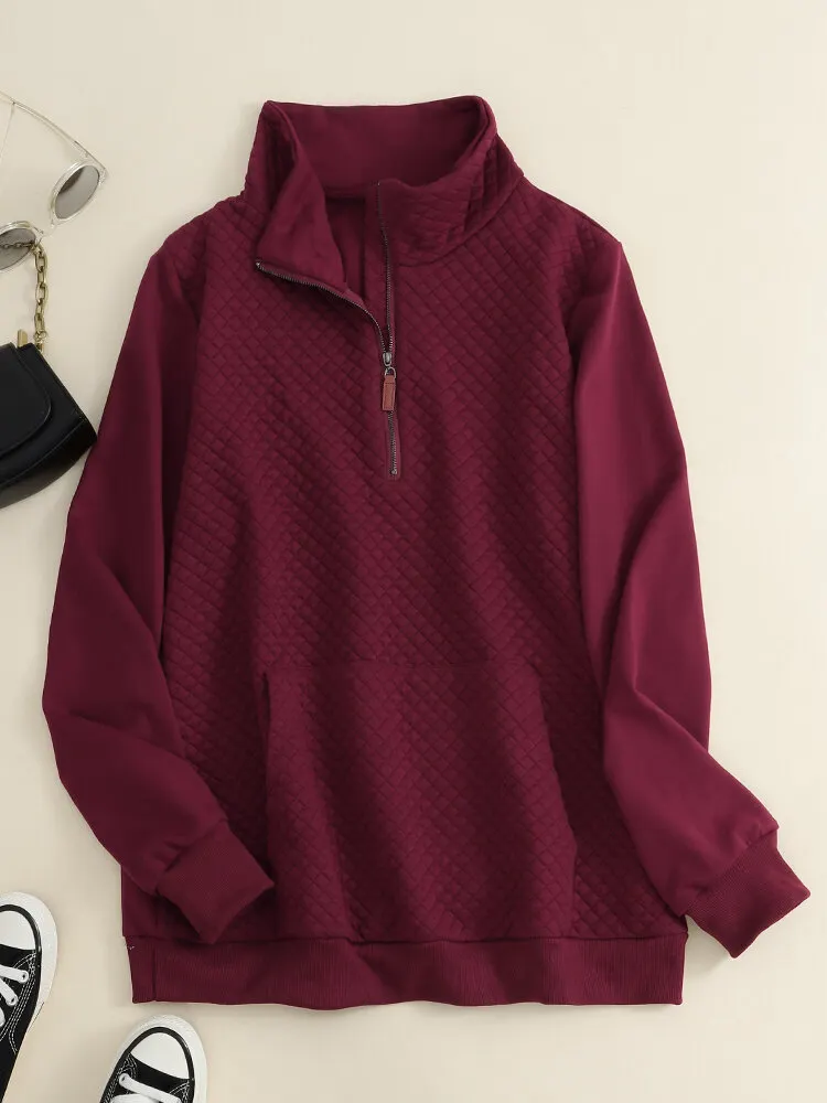Solid Zip Front Pocket Long Sleeve Lapel Women Sweatshirt