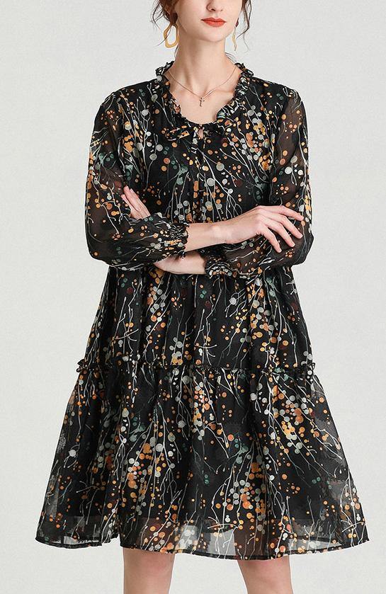 VCSHOES Black Yellow Print Bow Party Summer Chiffon Dress