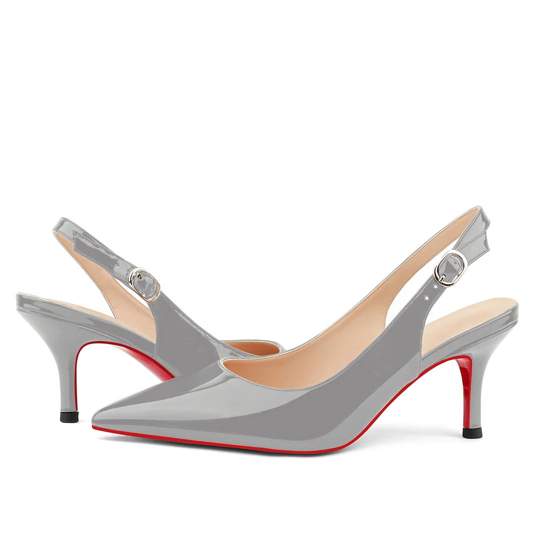 2.36" Women's Pointed Toe Red Bottom Sandals Slingback Shoes Kitten Heel Pumps Patent-MERUMOTE