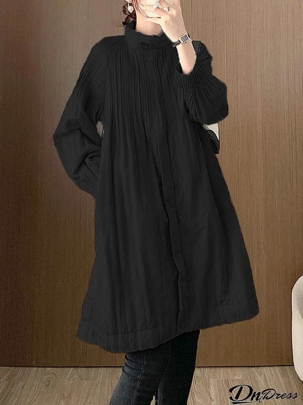 Long Sleeves Loose Pleated Quilted Solid Color Zipper Asymmetric Collar Padded Coat