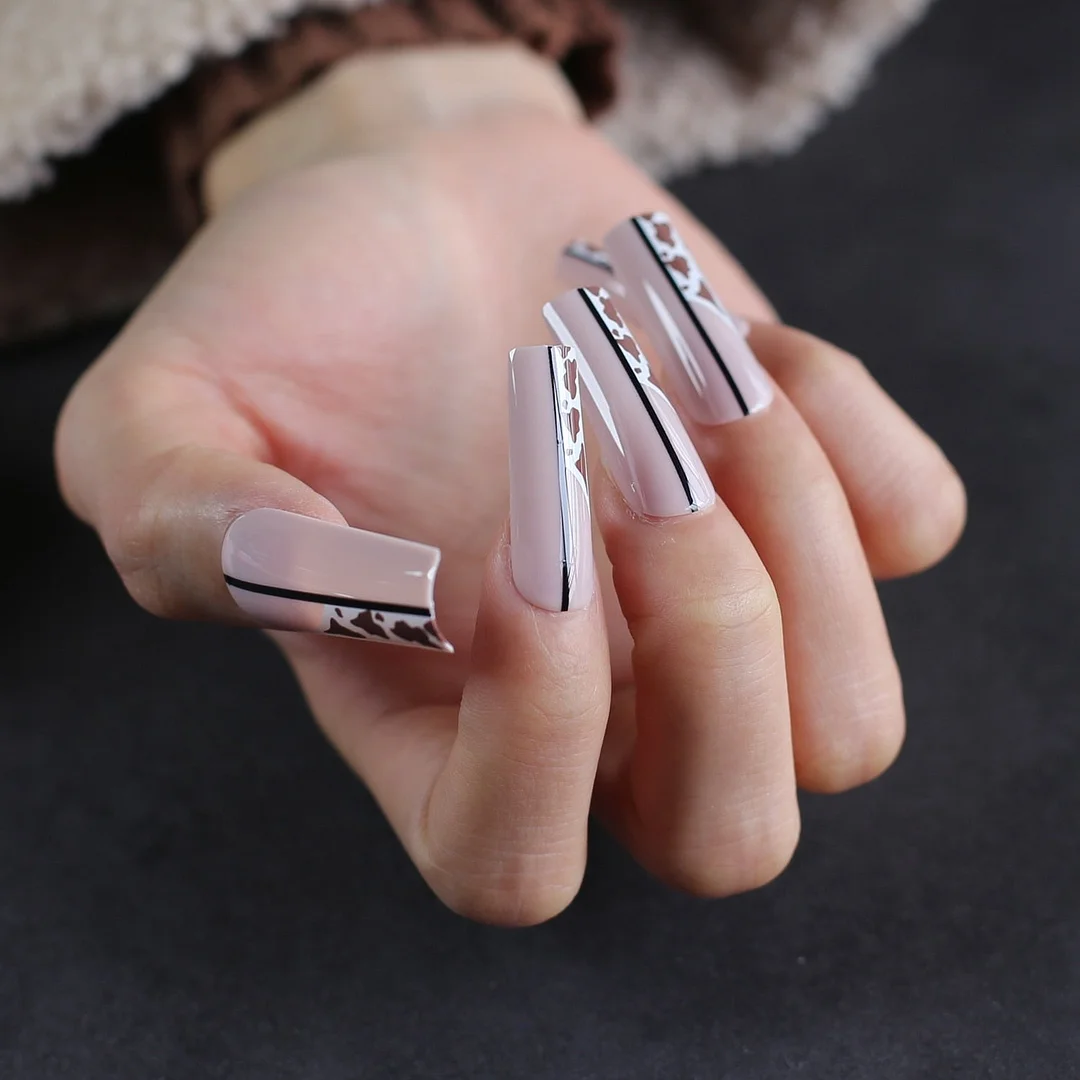 Brown Leopard French Fake Nails luxury combination in black Art Square Nude Artificial Salon False nails can be reused thicken-Nail Inspo