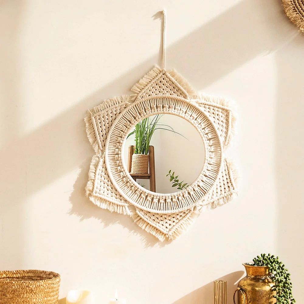 Boho Macrame Round Mirror Decorative Mirrors Aesthetic Room Decor Hanging Wall Mirror for Bedroom Living Room House Decoration