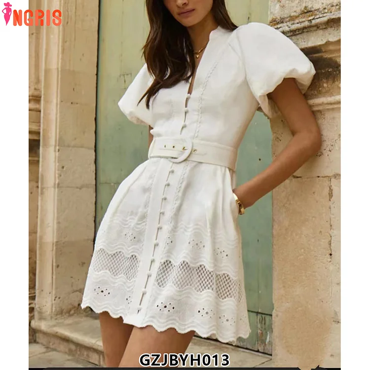 2025 Spring Resort Style Stand Collar Puff Sleeve Short Sleeve Single Breasted Embroidered Hollow White Short Dress-GZJB013