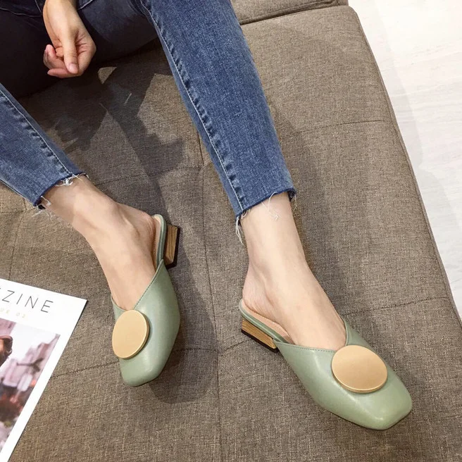 Letclo™ 2021 Summer Slip On Mules Flat Heel Casual British Buckle Slides Wooden Block Heels letclo Letclo