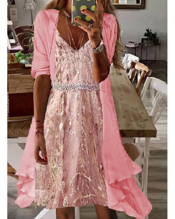 Fake Two Piece Waisted Round Neck Chiffon Coat Dress