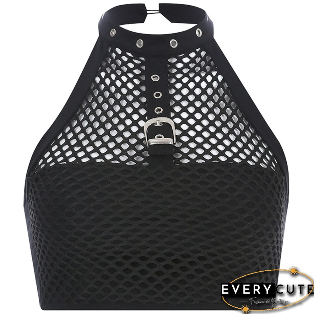 Women Teens Girls Juniors Halter Crop Top Gothic Punk Choker Metal Buckle Camisole Fishnet Mesh Black Vest Clubwear