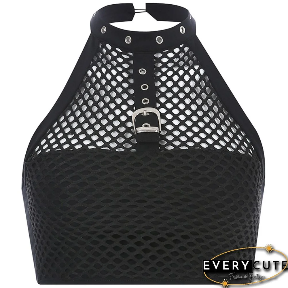 Women Teens Girls Juniors Halter Crop Top Gothic Punk Choker Metal Buckle Camisole Fishnet Mesh Black Vest Clubwear